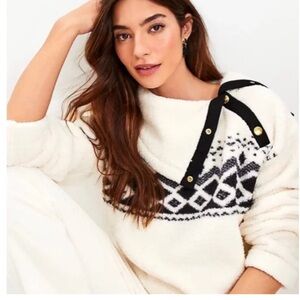 LOFT Fair Isle Sherpa new snap collar Whisper White womens sweatshirt cozy XSP